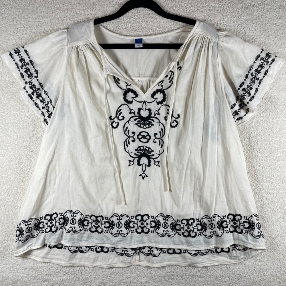 boho embroidered peasant blouse flutter‎ sleeve tie neck XL cottagecore prairie